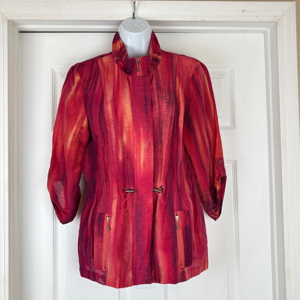 Chicos Red Orange Abstract Stripe Linen Blend Zip Drawstring Jacket Size‎ Medium